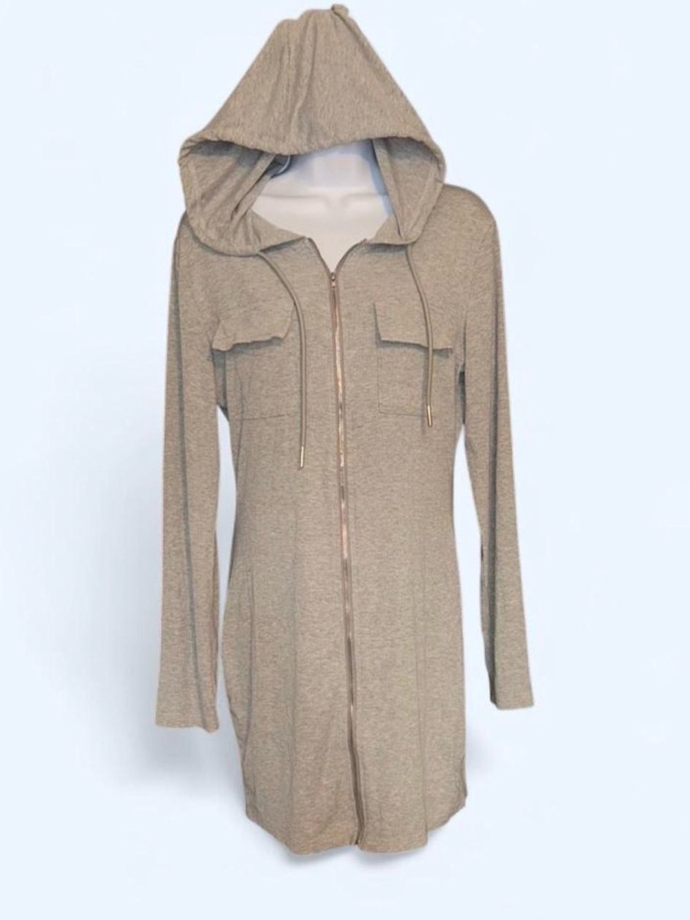 Long Sleeve Hooded Zip-Front Dress in Taupe